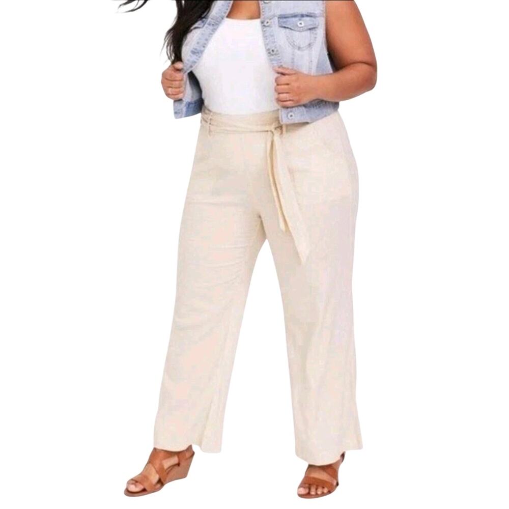 Torrid Wide Leg Paperbag Linen Blend Trouser Pants Khaki Sz 18 Elastic Stretch